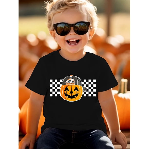 Halloween T-shirt - Boys' Halloween Checkered Pumpkin Graphic T-Shirt - White Casual Short Sleeve Tee with "Happy Halloween" Design, Perfect for Outdoor Fun & Festive Celebrations, Hall
