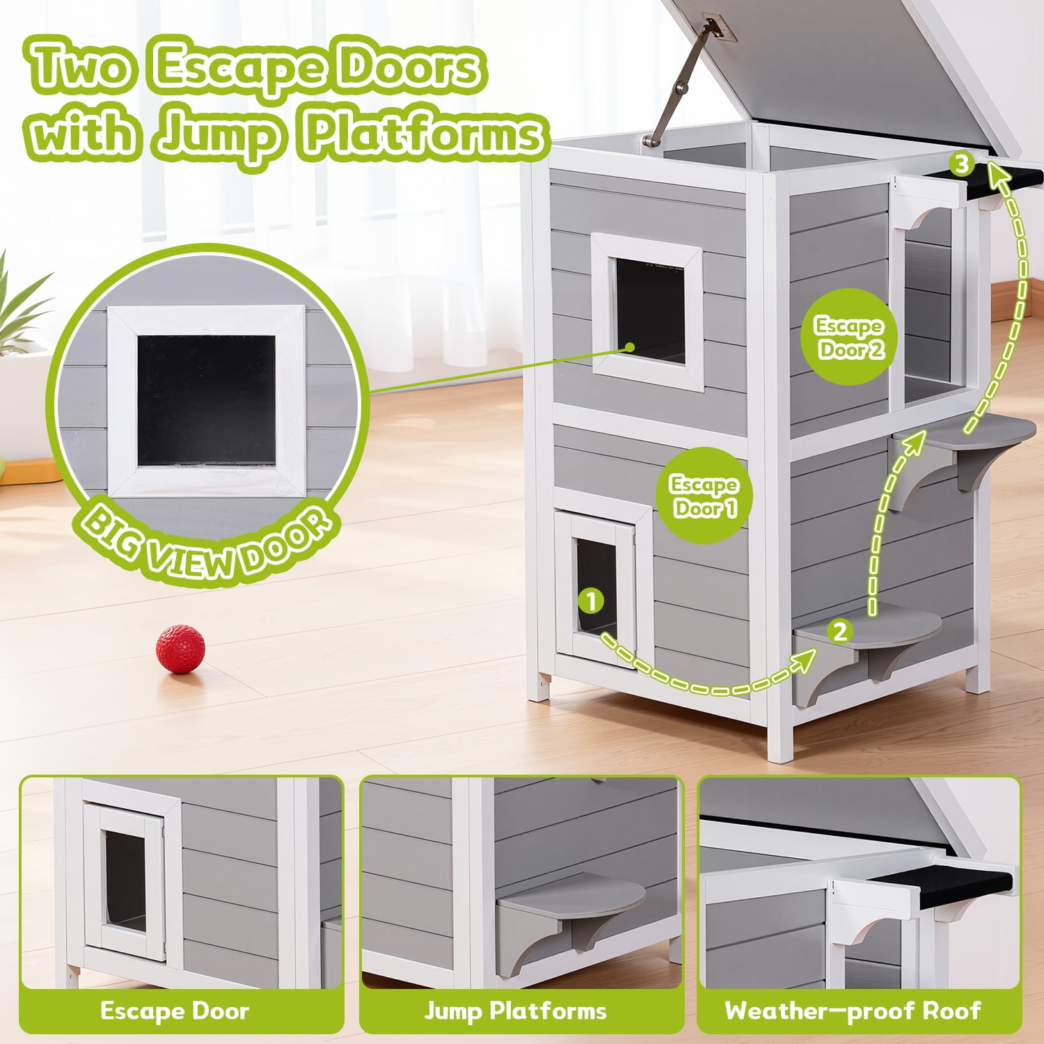 Outdoor Cat House 2-Story with Escape Door, Feral Cat Shelter Weatherproof for Outside, Openable Waterproof Roof, Large Window, 2 Platforms, Wooden Cat Enclosure for Pets 31.80" (Grey)