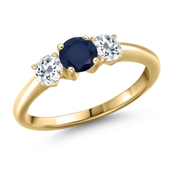 Gem Stone King 10K Yellow Gold Blue Sapphire and White Topaz Engagement Ring for Women | 1.26 Cttw | Round 5MM | Gemstone September Birthstone | Size 7