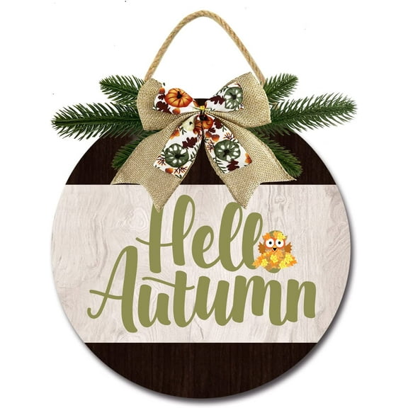 Eveokoki 12" Hello Autumn Cute Owl Funny Signs Home for Front Door Farmhouse Porch Rustic Round Wooden Hanging Wreaths for Housewarming Gift Festival Decoration Outdoor Indoor Wall Decor