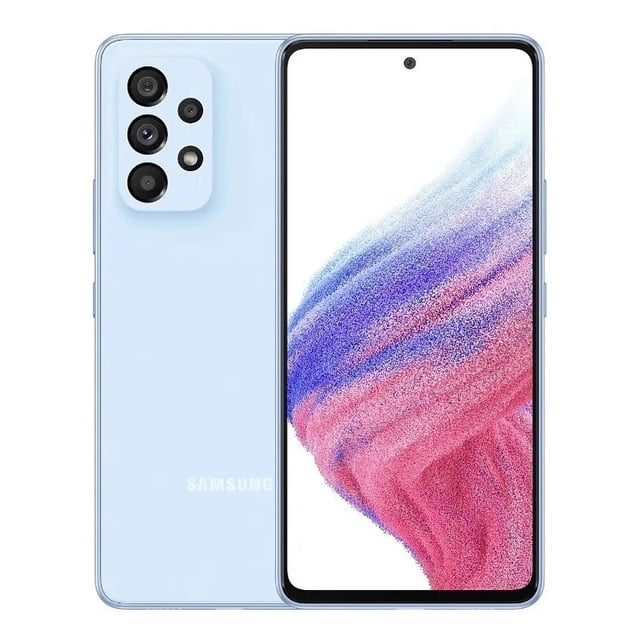 samsung a53 128 gb 6 gb en ram azul cámara cuádruple 64 + 12 + 5 + 5 mp samsung a53 Vista frontal y trasera del Samsung A53 azul; pantalla AMOLED Full HD+ con orificio para cámara frontal centrado, módulo trasero rectangular con cuatro lentes y flash y logotipo Samsung en la parte posterior. Especificaciones en ficha: cámara principal 64 MP, cámara frontal 32 MP y batería 5000 mAh.