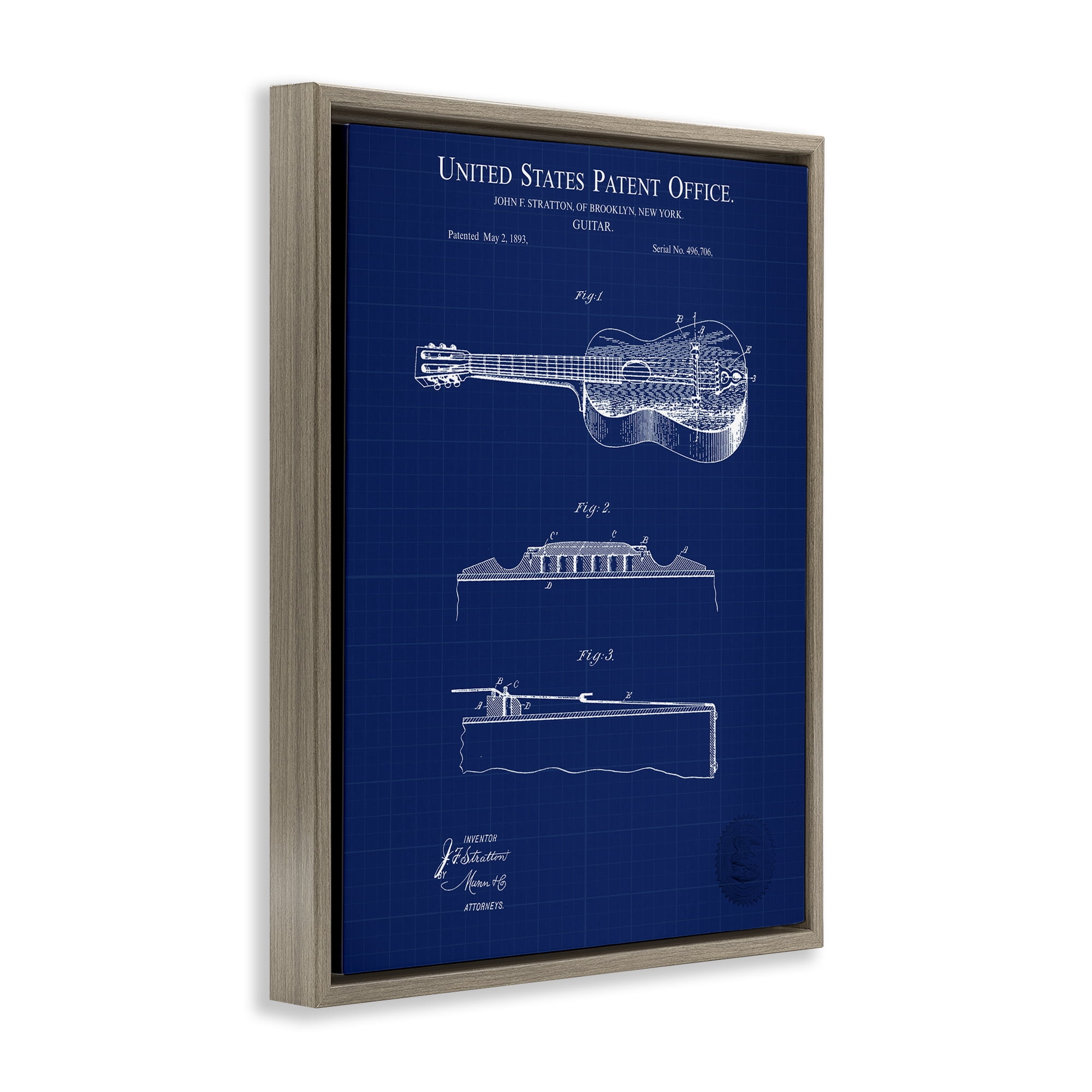 Stupell Industries Acoustic Guitar Blueprint Performing Arts Painting Brown Floater Framed Art Print Wall Art, 17 x 21