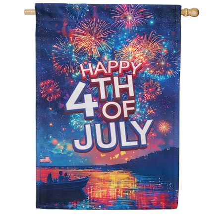 America Forever Happy 4th of July House Flag, 28 x 40 inch Double Sided, Family Watching Fireworks on Lake, Independence Day Celebration, Summer Patriotic Decor
