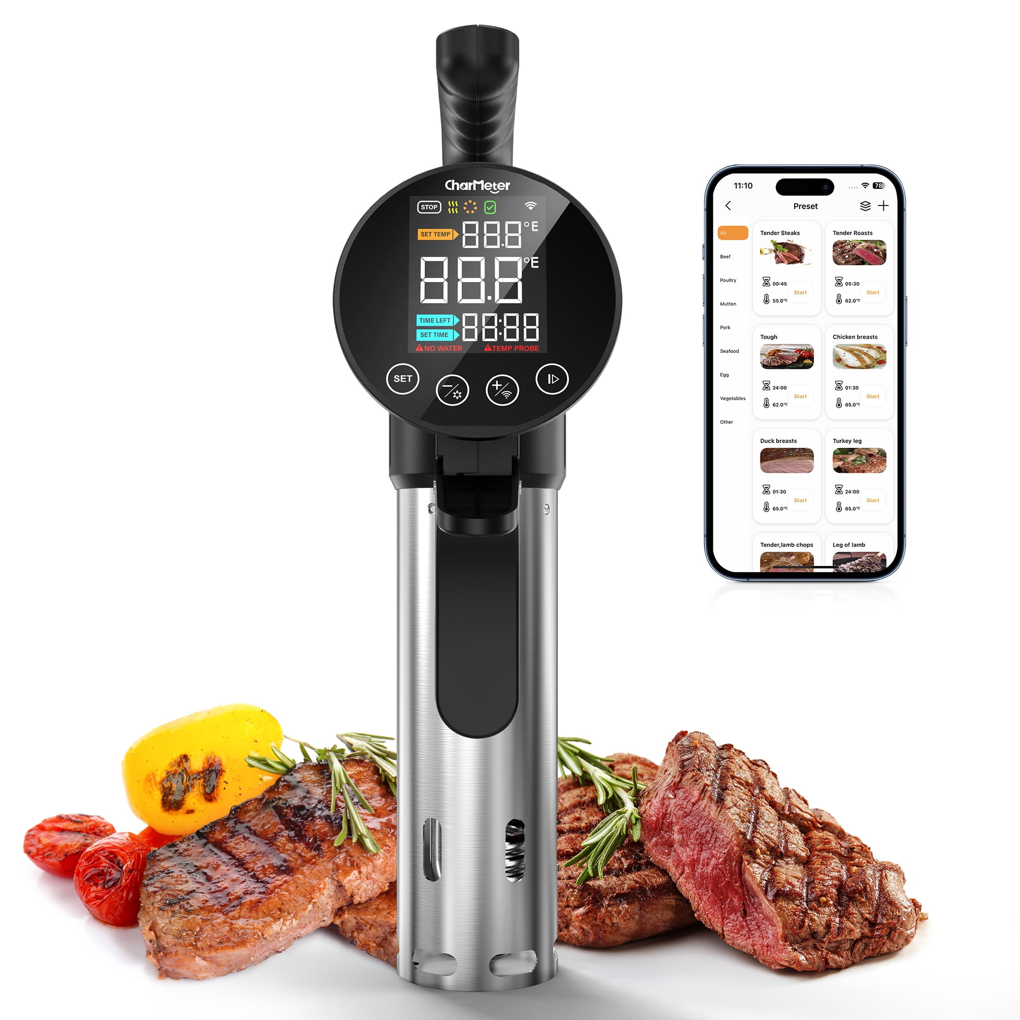 CharMeter SSV-102-W 2.4G WiFi Sous Vide Cooker, 1000W Sous Vide Machine with Immersion Circulator, App Recipes, Alarms, Timer and Booking Function, Ultra Accurate Control