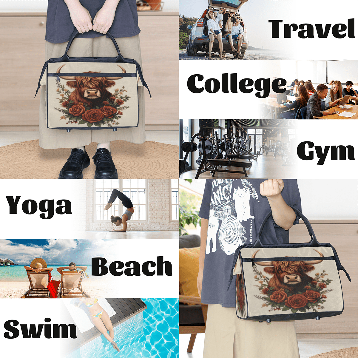 Herdesigns Cow Weekender Travel Duffel Bag Flower Cow Carry On Overnight Gym Hospital Bag Personal Item Travel Bag