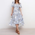 thumbnail image 6 of Women's Summer Dress Sexy V Neck Casual Wear To Work Dresses Short Sleeve Smocked Flared Flowy Beach Boho Midi Floral Dress,Light Gray XL, 6 of 6