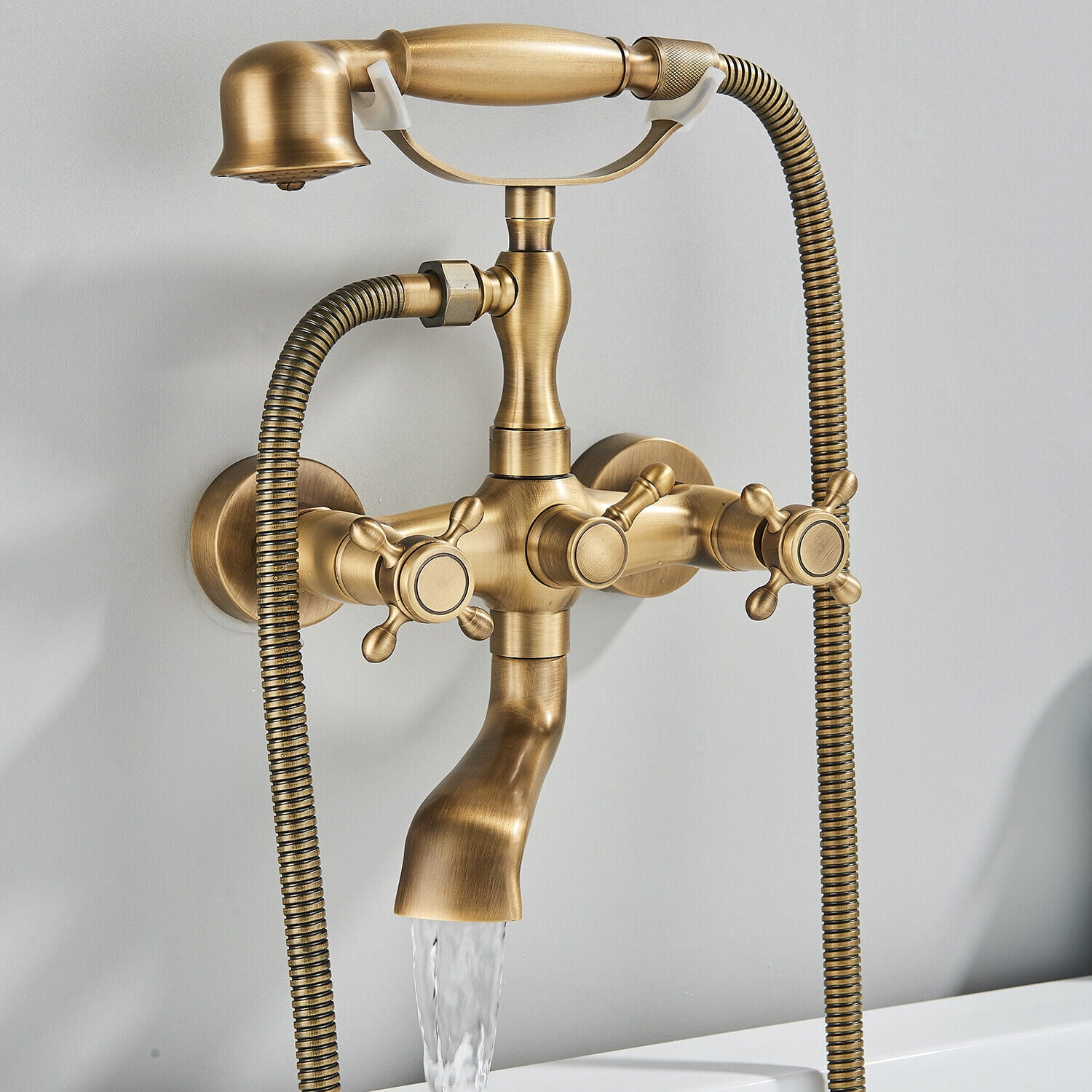 Antique Brass Clawfoot Bathtub Faucet with Hand Sprayer Dual Cross Tub Filler