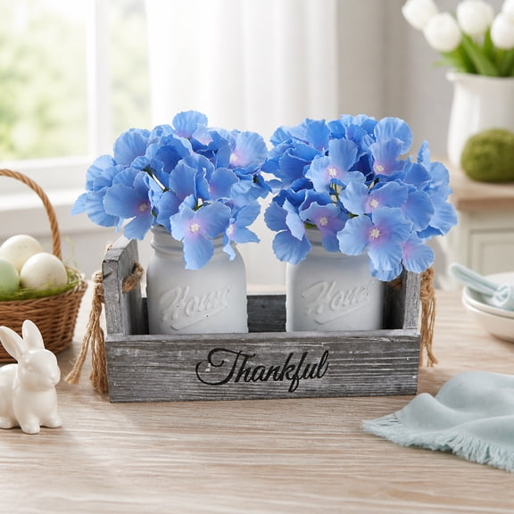Farmhouse Mason Jar Centerpiece Set – 2 White 16oz Mason Jars with Blue Hydrangea Flowers in Rustic Wood Tray, Dining & Coffee Table Décor