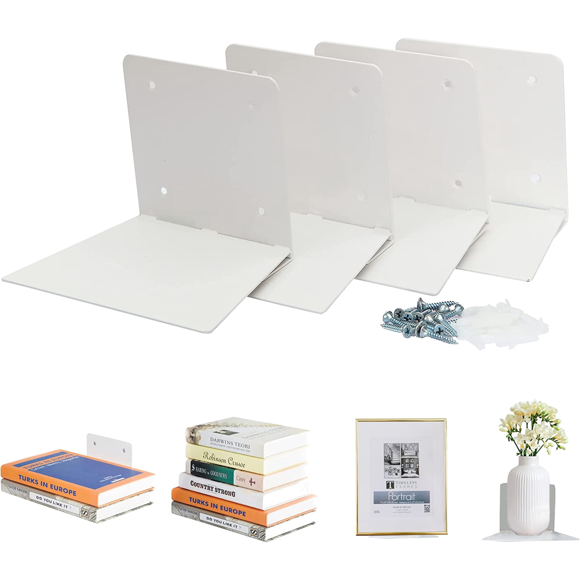 Floating Book Shelves for Wall Mounted Invisible Floating Bookshelves Heavy-Duty Steel Hidden Bookshelf Hanging Bookshelves for Bedroom Living Room Office White 4-Pack Large