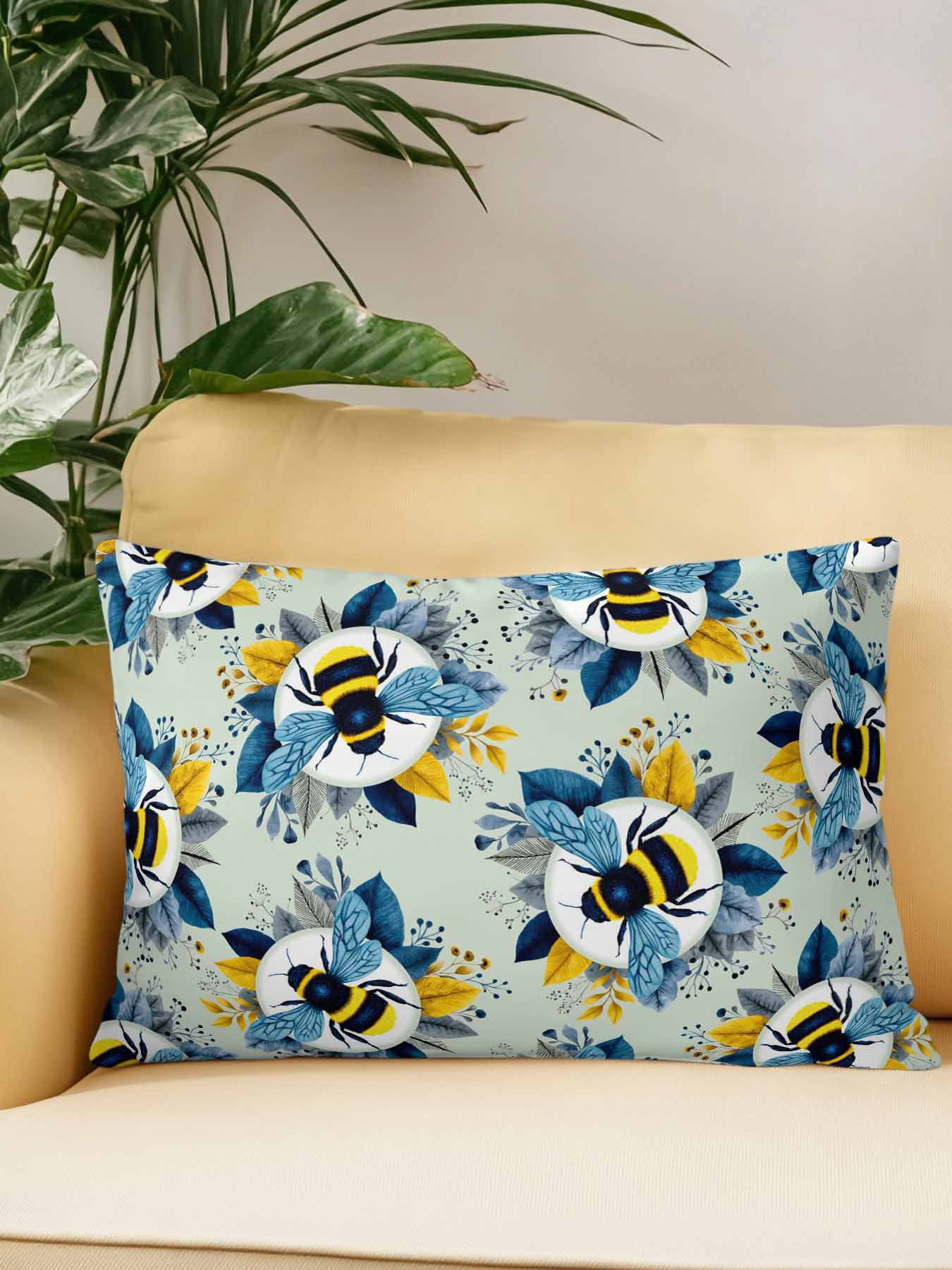 1 Pack Outdoor Throw Pillow, Teal Green Bees Farmhouse Waterproof Pillow with Insert Included, Spring Summer Botanical Flowers Decorative Accent Cushion Lumbar Pillows for Patio Porch, 12 x 20 In