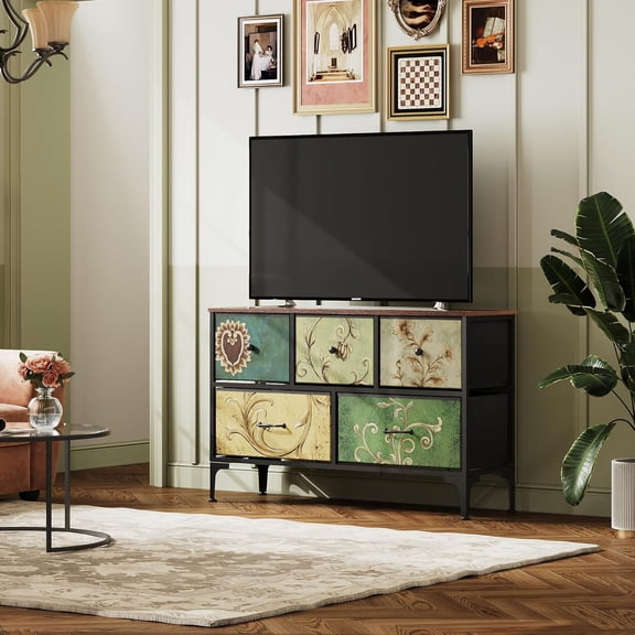 haoqianqian Wide Dresser for Bedroom, 5 Drawer Chest of Drawers, Floral