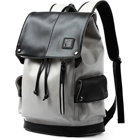 MOYYI Mochila Vintage de Cuero Sintético para Laptop, Bolsa Impermeable de 15.6" con Solapa y Cordón, Blanca