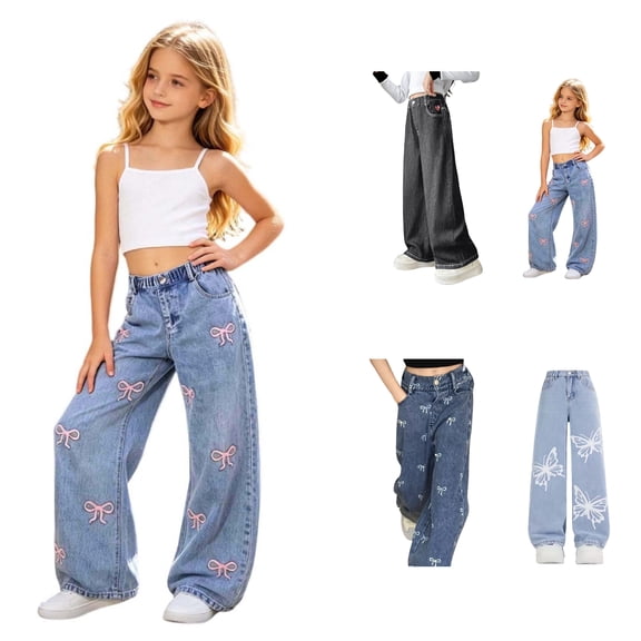 SGMVNU Girls Bow Printed Denim Pants Casual Loose Wide Leg Jeans Trousers Elastic Waist Kids Streetwear Preppy Wear, Size 11-12 Years, Blue#3