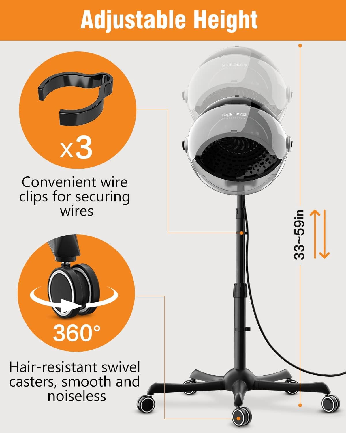 1875W Ionic Hooded Hair Dryer Professional Bonnet Standing Hair Dryer for Home Salon
