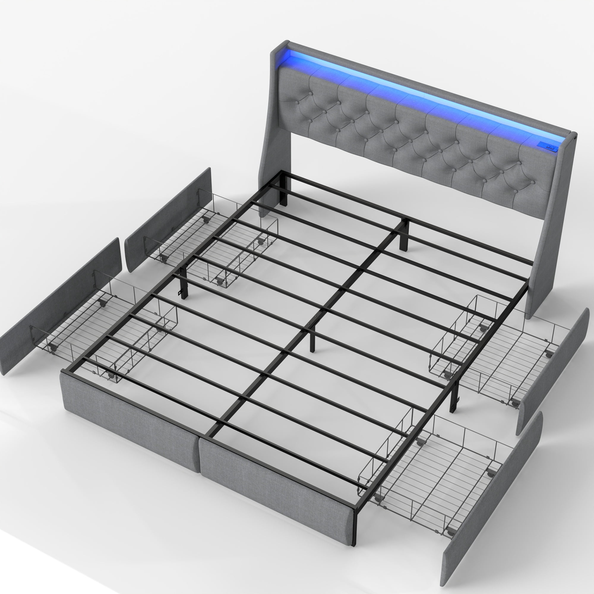 HOQBN Queen Size Bed Frame with Storage Headboard and 4 Drawers, Metal Bed Frame Platform with LED Light, Charging Station, No Box Spring Needed