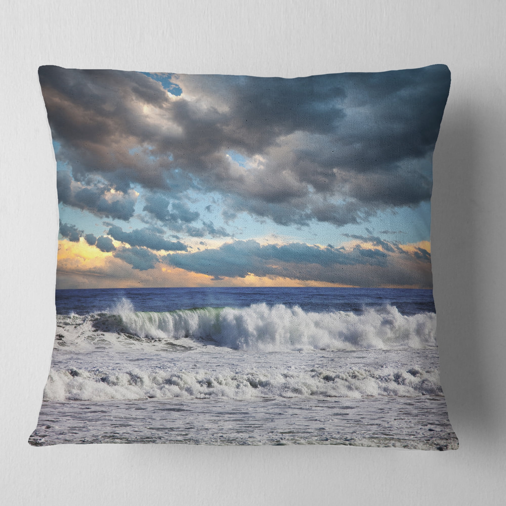 Designart Heavy Storm in Ocean at Sunset - Modern Beach Throw Pillow - 16x16