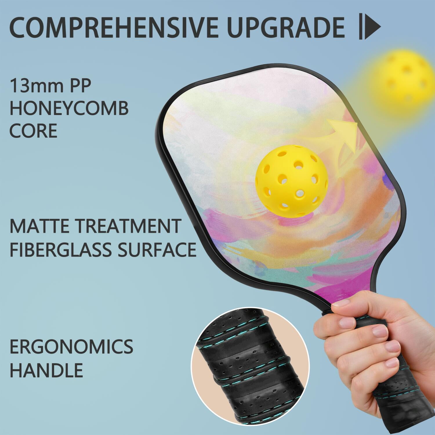Pickleball Paddles Set Of 2, Fiberglass Surface, Dreamy Cloud Print, 4 Balls & Bag