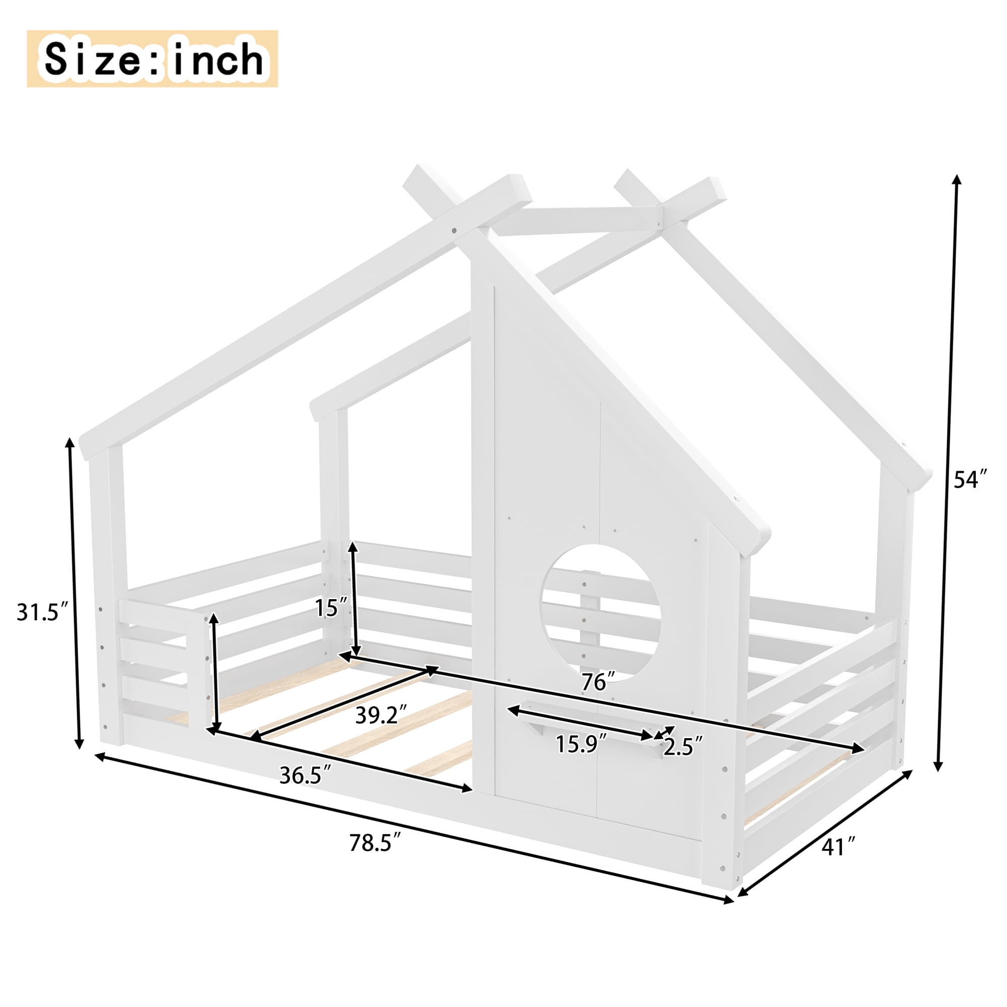 Jopath Twin Size House Floor Bed with Window and a Small Shelf, Solid Wood Floor Bed with House-shaped Roof for Boys Girls White