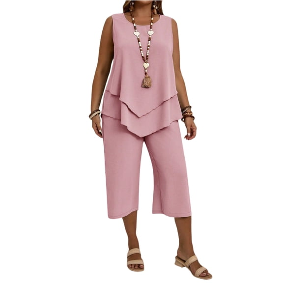 Women's Plus Size 2 Piece Summer Outfits Crew Neck Tank Top Tunic Shirt and Capri Pants Set Casual Sportswear 2026 Pink 2XL