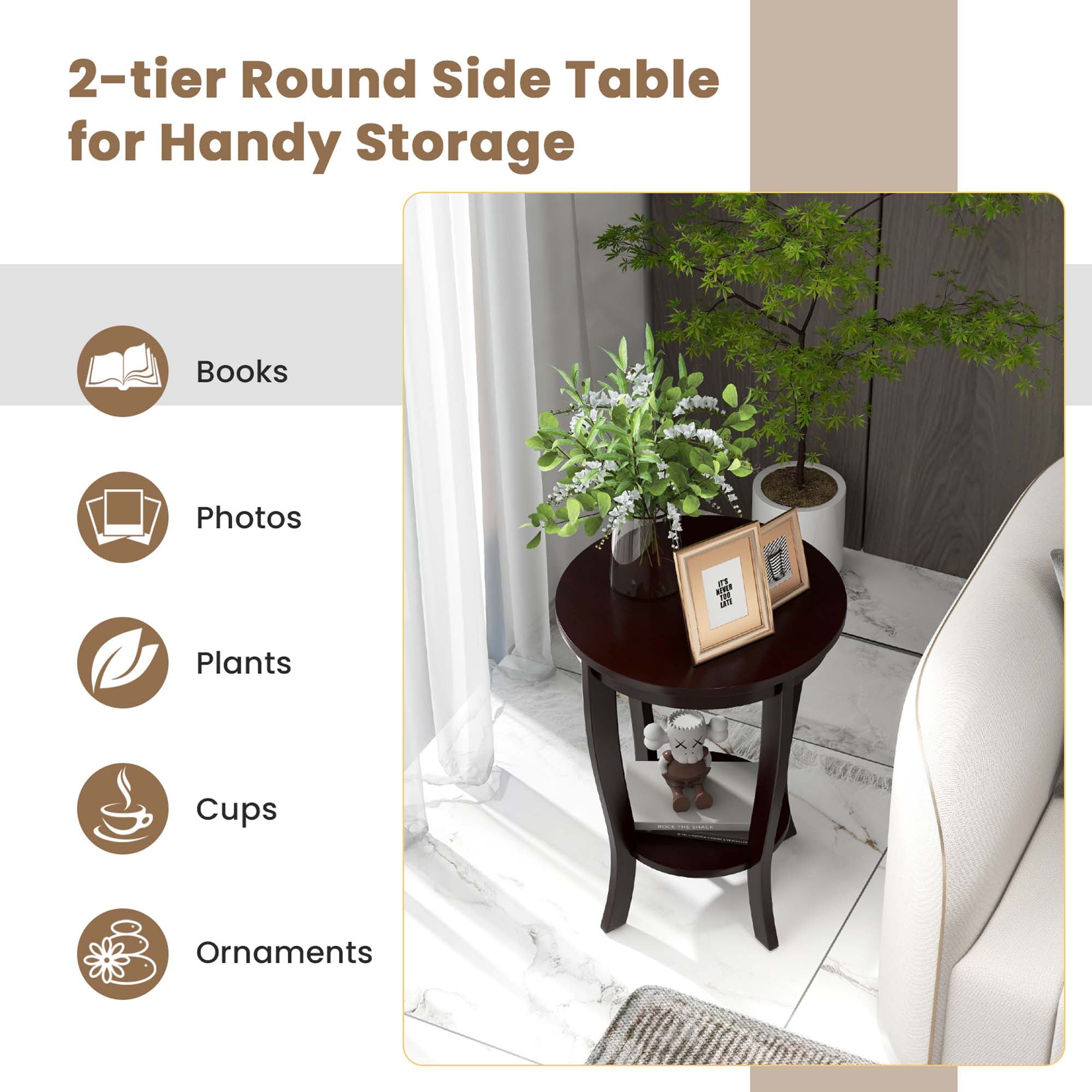 Costway 2 PCS 2-Tier End Table 18'' Round Compact Sofa Side Nightstand with Storage Shelf Espresso