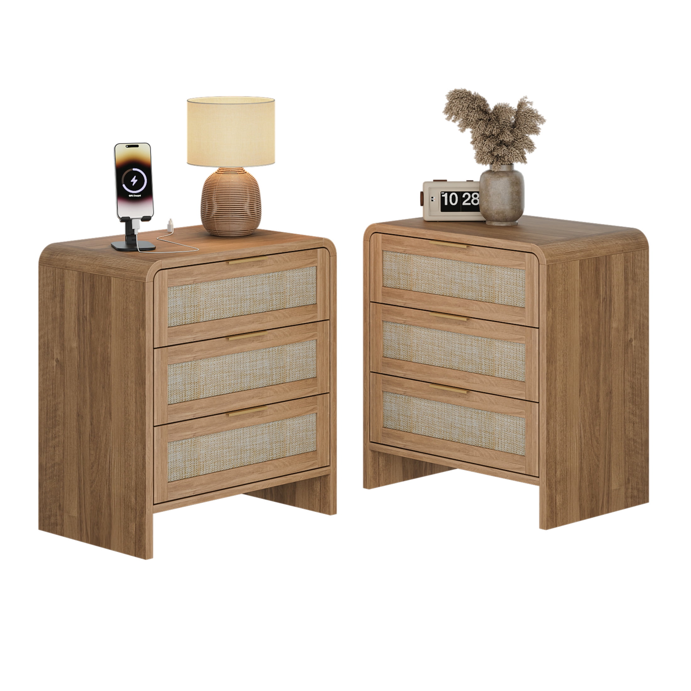 Noble House Felix 23" Rattan Wooden Nightstands, 3-Drawer Curved Bedside Tables with Gold Handles, Caramel, Set of 2