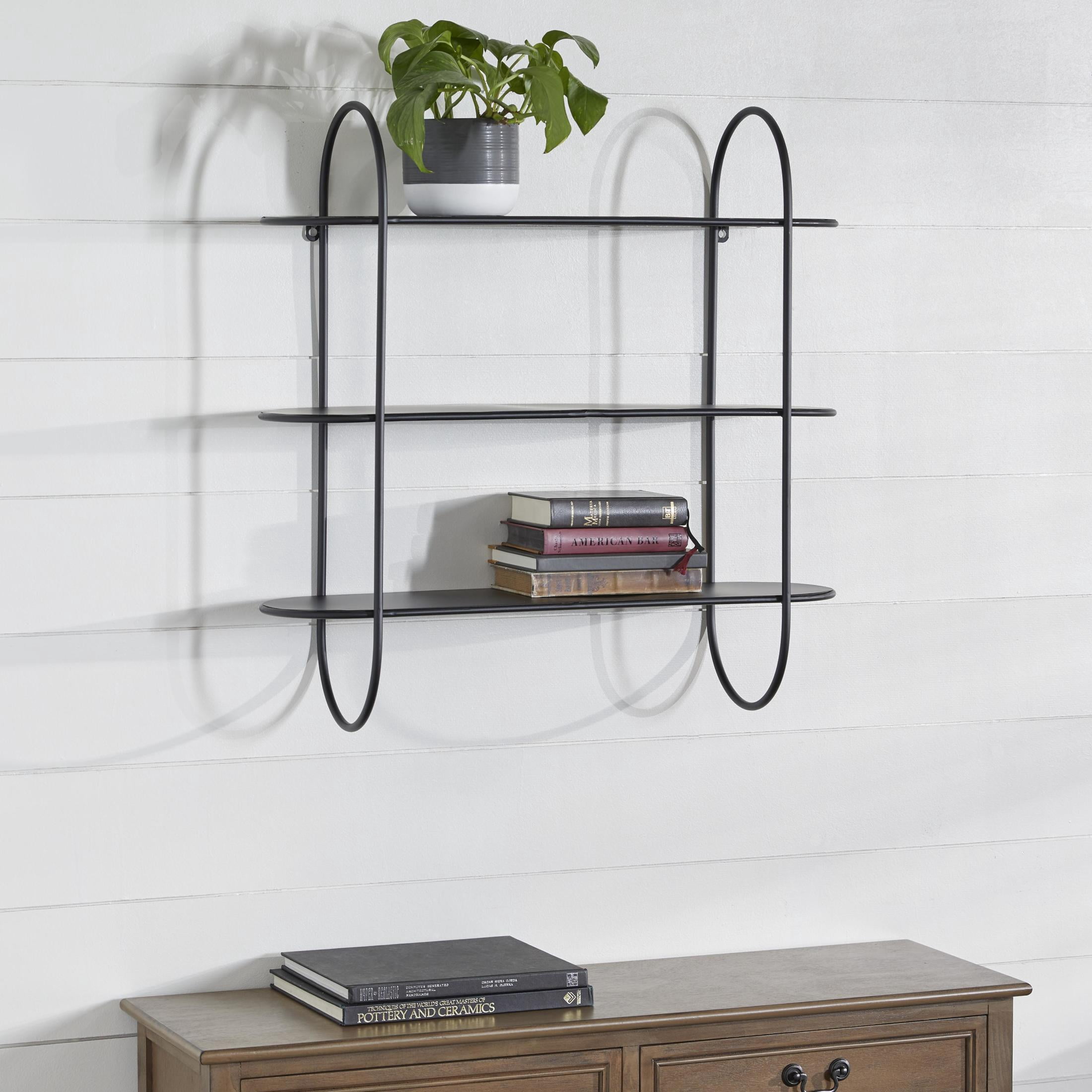 DecMode Black Industrial Metal Long with Round Edge 3 Tier Wall Shelf, 28"W x 28"H
