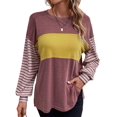 thumbnail image 3 of Long Sleeve Tops Oversized 2025 Trendy Round Crew Neck Casual Color Block Womens Shirts Blouses Wine Red S, 3 of 9