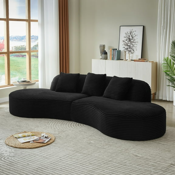 Curved Sectional Sofa, 4-Seat Corduroy Upholstered Sofa with Scatter Cushions, No Assembly Required Compressed Couch, Oversized Furniture for Living Room, Apartment, Modern Black sofa