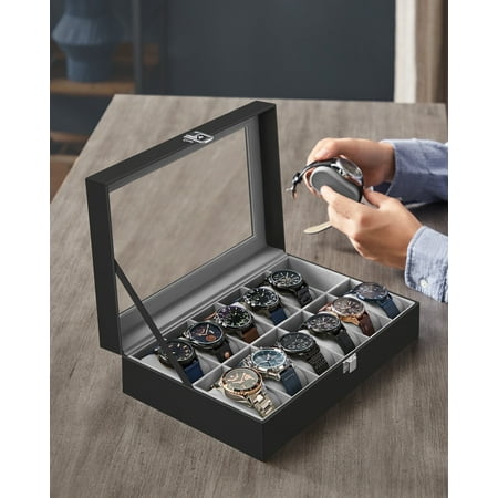 12-Slot Watch Box, Velvet Lined Organizer with Glass Lid, 8 x 3.1 x 11.9inch, Black