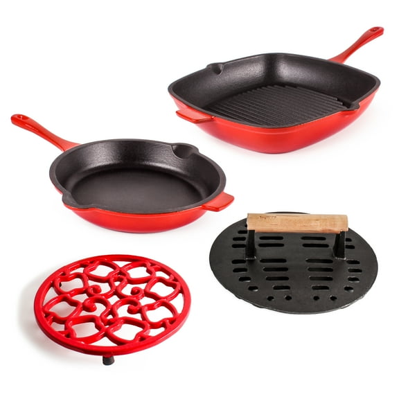 BergHOFF Neo 4pc Cast Iron Grill & Fry Pan Set, Red