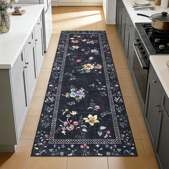Washable 2x6 Kitchen Rugs, Floral Soft Non Slip Hallway Runners, Stain Resistant Low Pile Area Rug for Bedroom Entryway Laundry Bathroom, Black