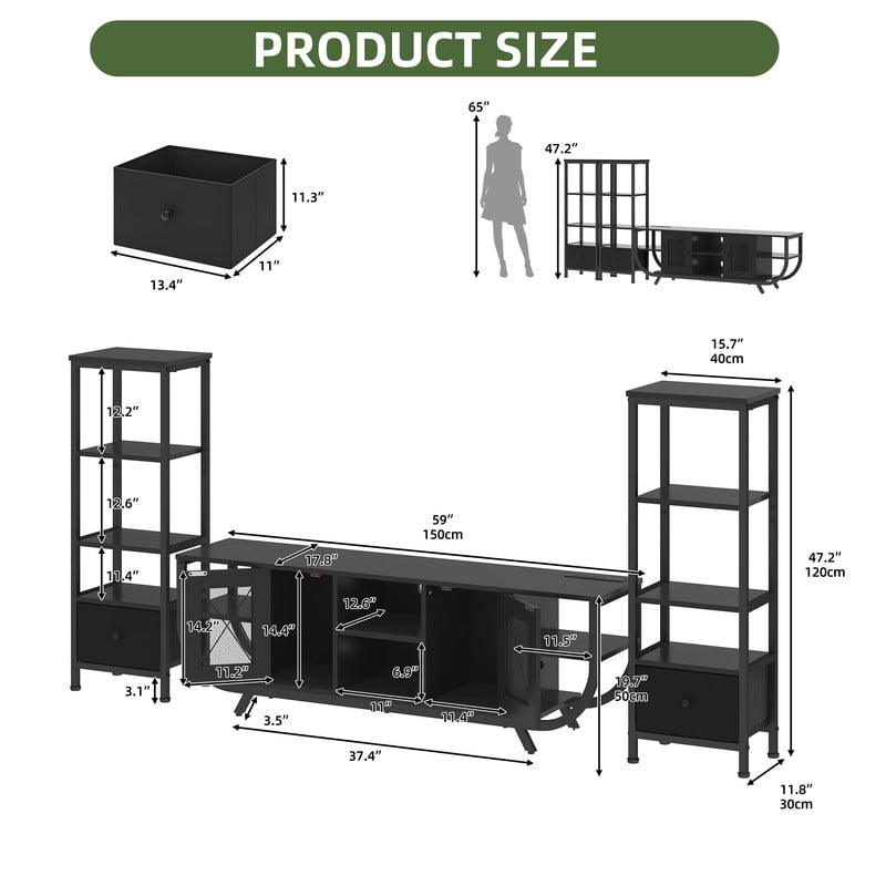 Uforic TV Stand for TVs up to 65", LED Entertainment Center with Bookshelf & Power Outlet & Fabric Drawer, Black