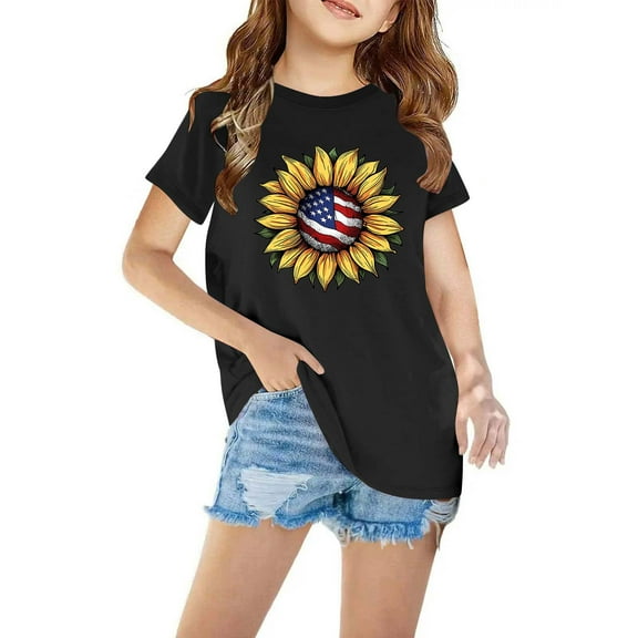 BRGZLK Toddler American Flag Sunflower Shirts Kids 4Th Of July Graphic Patriotic Tees Boys Girls Cute Round Neck Casual Short Sleeve Cotton Top Black 4-5 Years