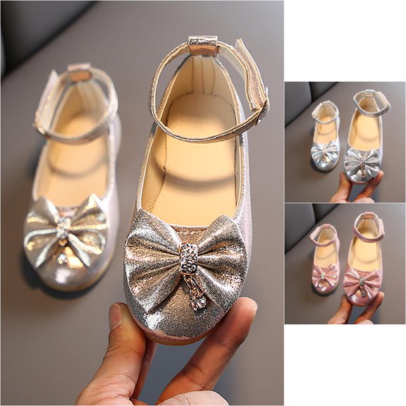 VOUZZA Girls Dress Shoes Rhinestone Bow Mary Jane Flat Shoes Glitter Princess Loafers Kids Wedding Party Dance Flats, Size 8C-3 Kid