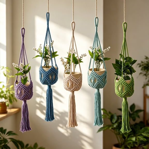 Hand Woven Cotton Rope Hanging Flower Pot Net Bag, Chic Tassel Decor Suspended Flower Basket, Sturdy Holder for Garden Balcony Indoor Greenery Storage And Display Decor, White