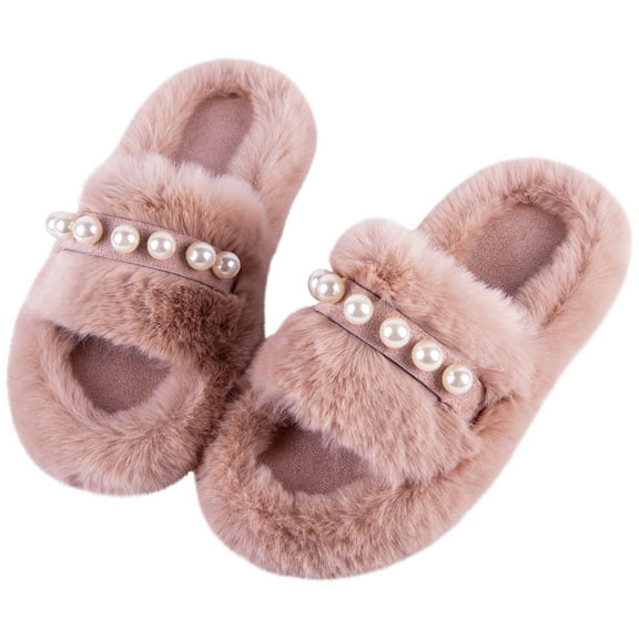 Cozy Women's Pearl-Trimmed Fuzzy Slippers with Open-Toe Straps for Indoor Relaxation