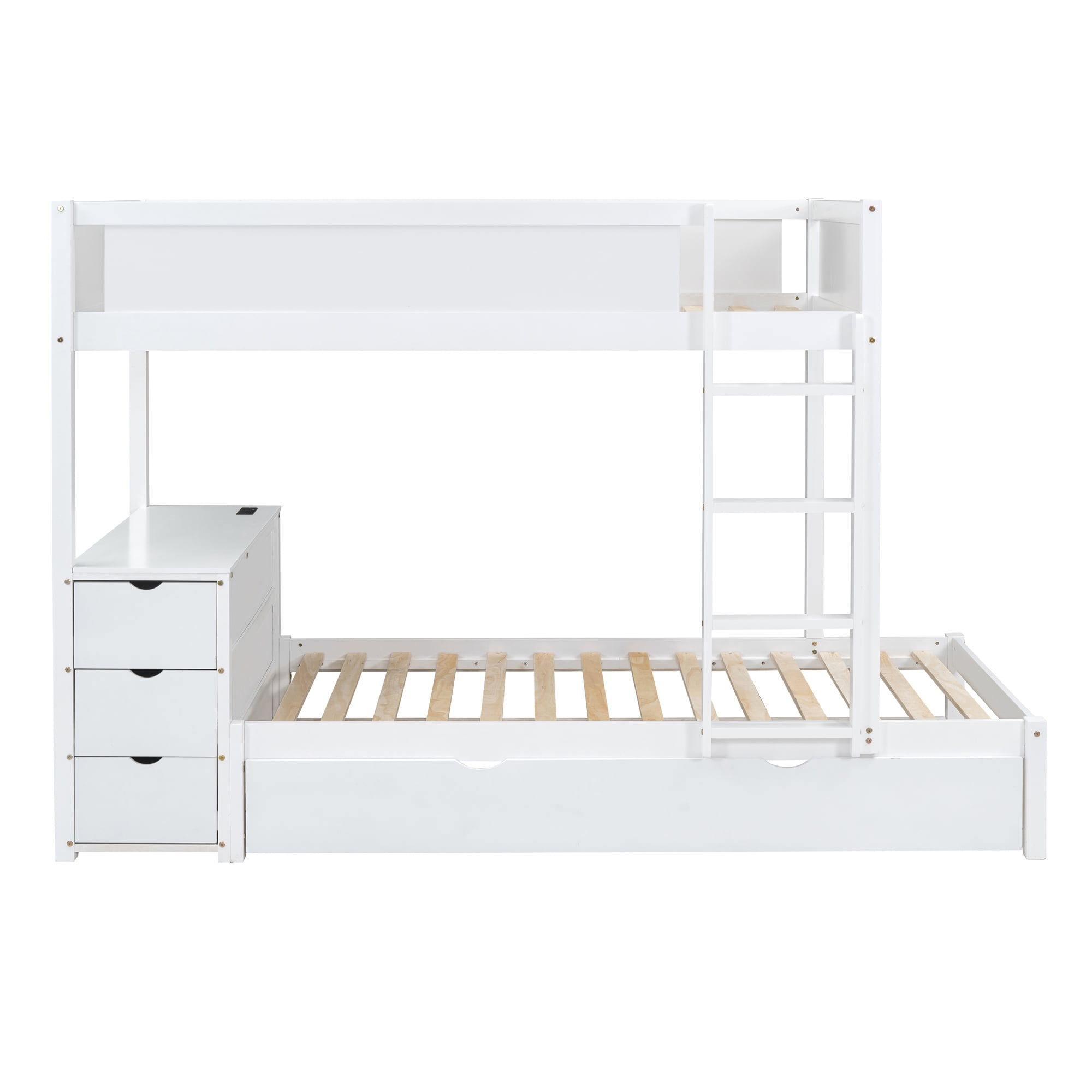 Aukfa Twin Over Twin Bunk Bed with Trundle and USB Charging Station, Wood Bed Frame with Build-in Desk&Storage Drawers for Kids Bedroom, White