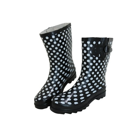 

StarBay Women s Waterpoof Middle Short Shaft Rubber Rain Boots R906 Black and White Polka Dots Size 10