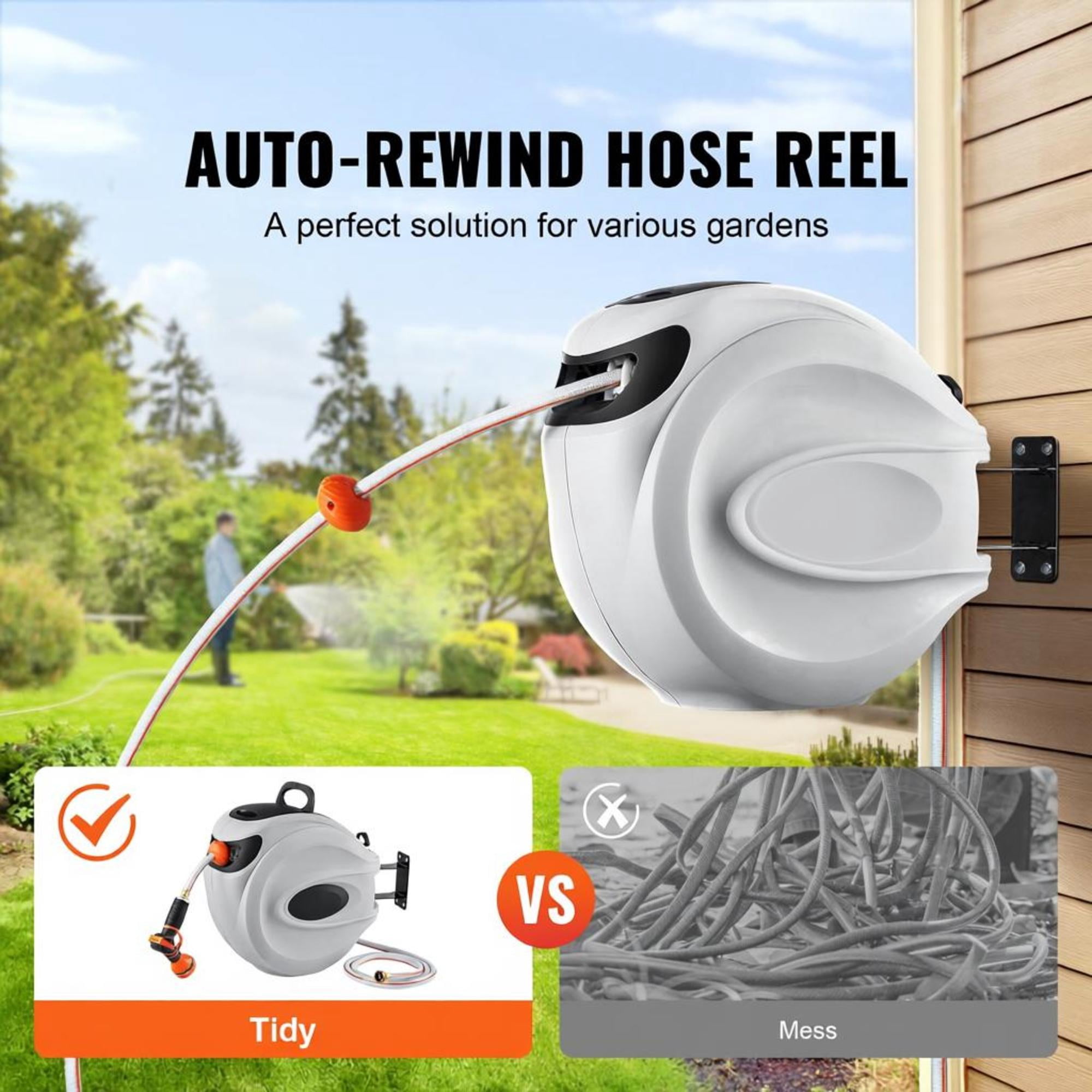 Retractable Garden Hose Reel, 100 ft x 1/2 Inch, with 9-Pattern Nozzle, Automatic Rewind, Wall Mounted