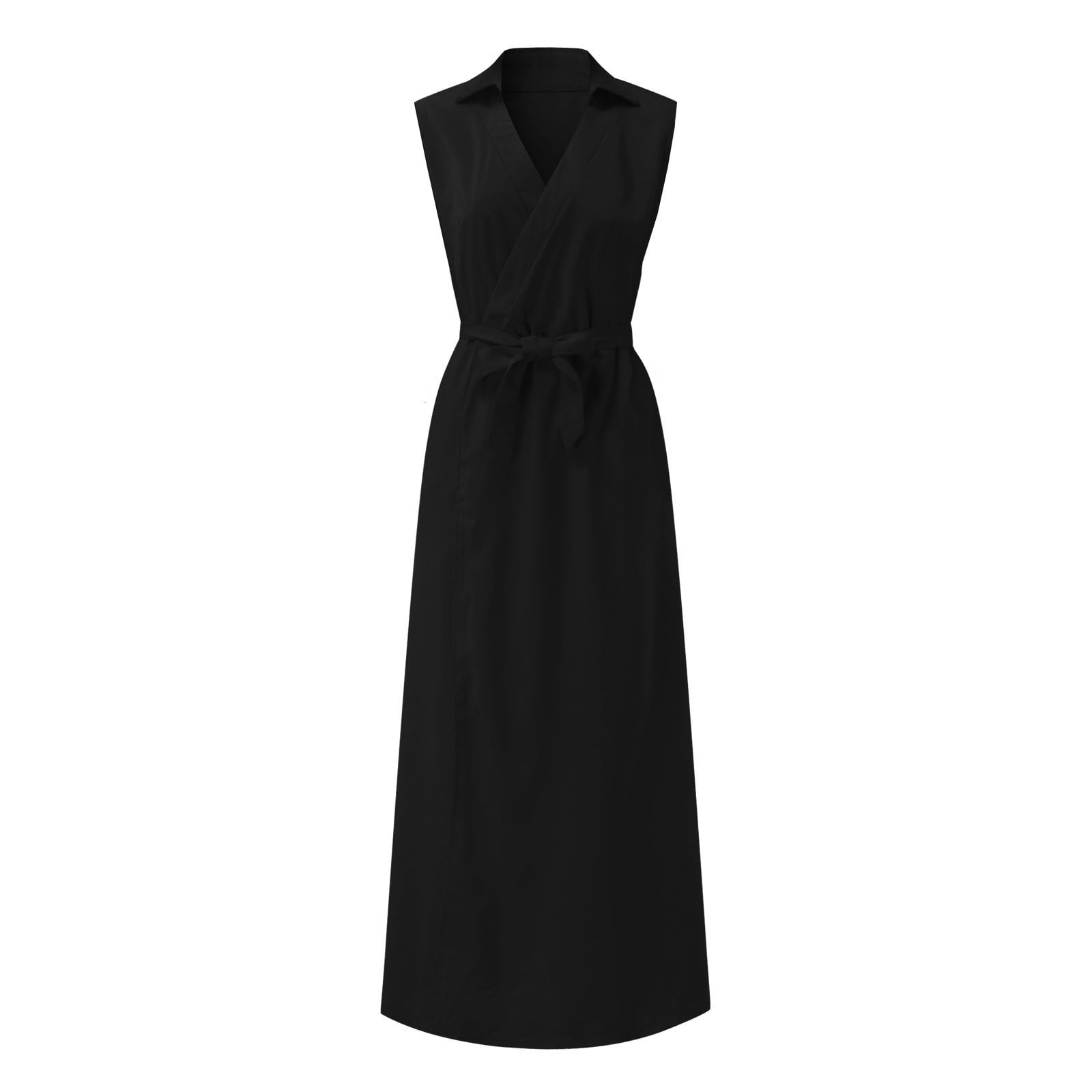 ZHOGXU Women's Dress Sleeveless V Neck Solid Color Lace Up Fashion Comfortable Workout Sport Athletic Dresses With Pocket For Casual Daily Wear,Black,Xxl