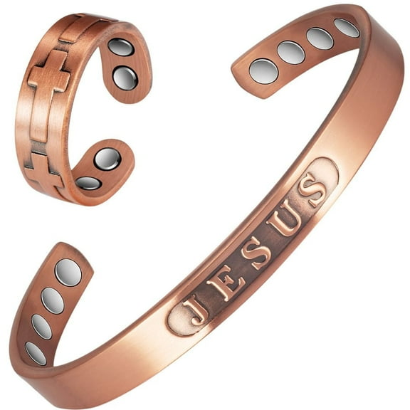 Wollet Magnetic Jesus Copper Bracelets Bangels& Cross Copper Rings for Women, Set of 2 , Christmas Gift