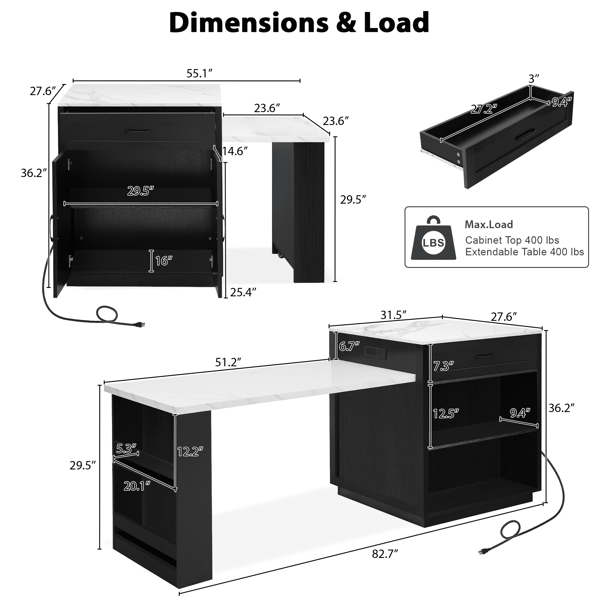 EUROCO 82.7" Kitchen Island with Extendable Dining Table for 4-6 Person,Two-tone Kitchen Table with Double-sized Storage, Power Outlet,2 Drawers and 2 Side Open Shelves,Black