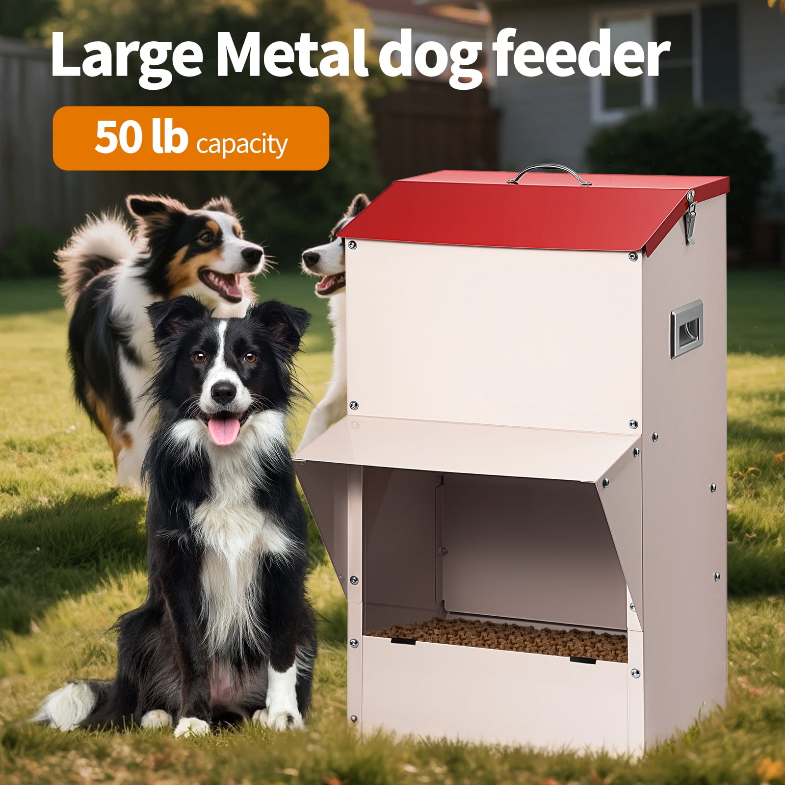Yonopro Galvanized Automatic Dog Feeder Large Breed Dog Food Dispenser for Large Dogs, 50lbs Weather-Resistant Outdoor Pets Feeder Gravity Food Feeder