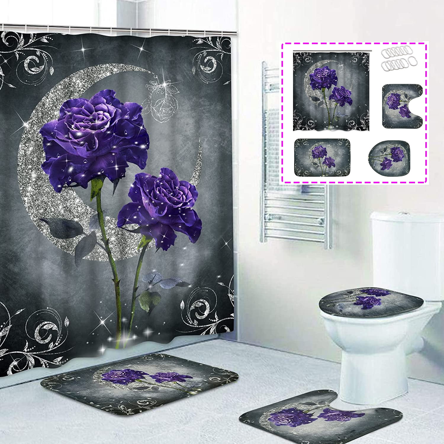 Purple Rose Plant Decor Waterproof Bathroom Shower Curtain Rugs Set & 12 Hooks 