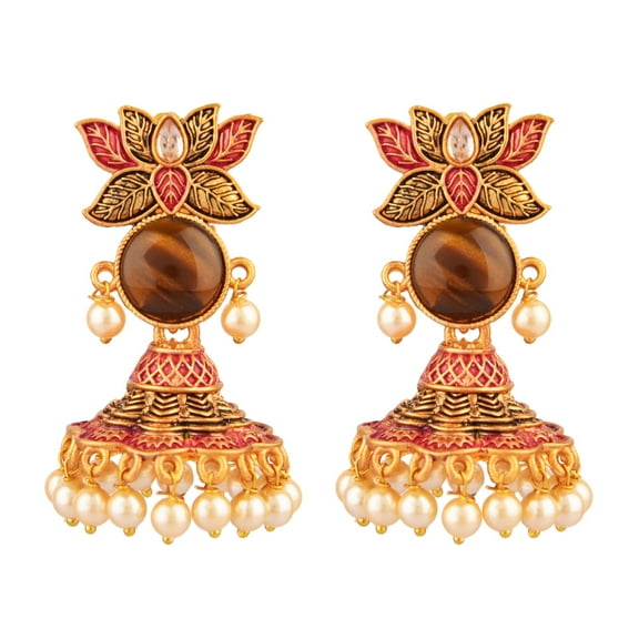 Efulgenz Indian Jewelry Bollywood Antique Crystal Faux Pearl Lotus Jhumka Jhumki Earrings Set for Women - Red