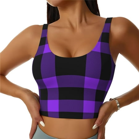 Jgfou Purple Buffalo Plaid Print Womens Sports Bra - Padded Workout Sports Bras Crop Tank Top