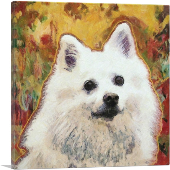 ARTCANVAS American Eskimo Dog Breed Yellow Red Canvas Art Print - Size: 12" x 12" (0.75" Deep)