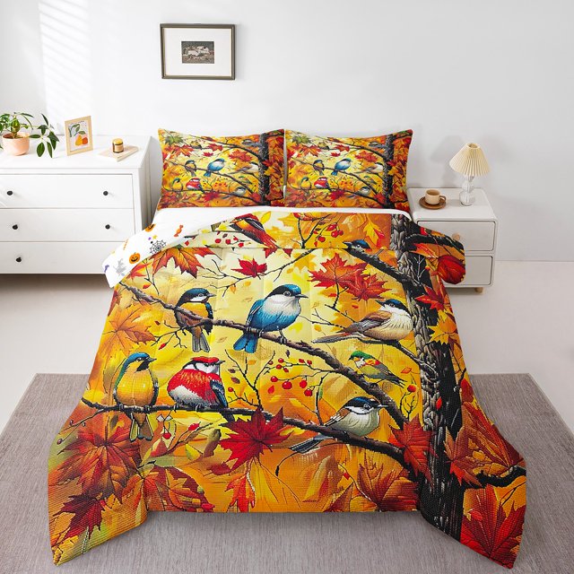 YST Fall Cardinal Bird Comforter Set Full Size Autumn Maple Trees Bedding, Kids Fall Thanksgiving Bedding Comforter Sets Colorful Bird Autumn Trees Botanical Leaves Branches Duvet Set