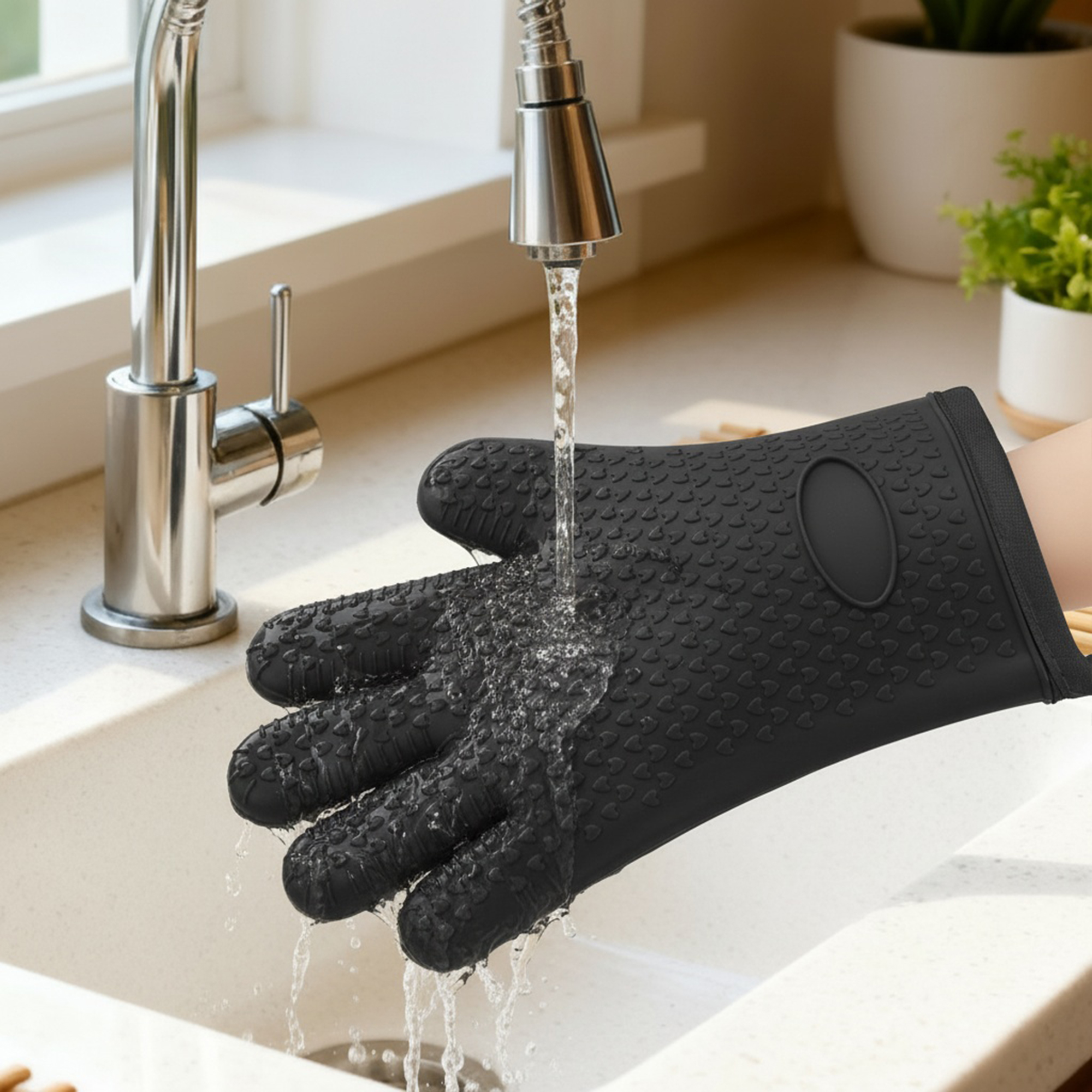 Unique Bargains 2pcs Silicone Heat-Resistant and Waterproof Oven Mitts Black 10.8" x 8.1"