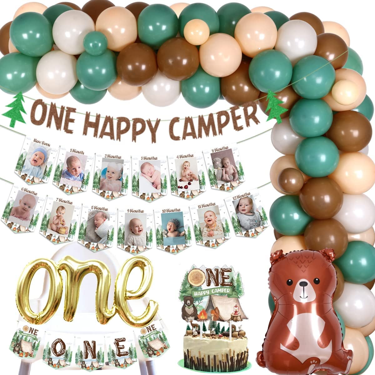One Happy Camper Birthday Decorations for Kids Green Balloon Garland